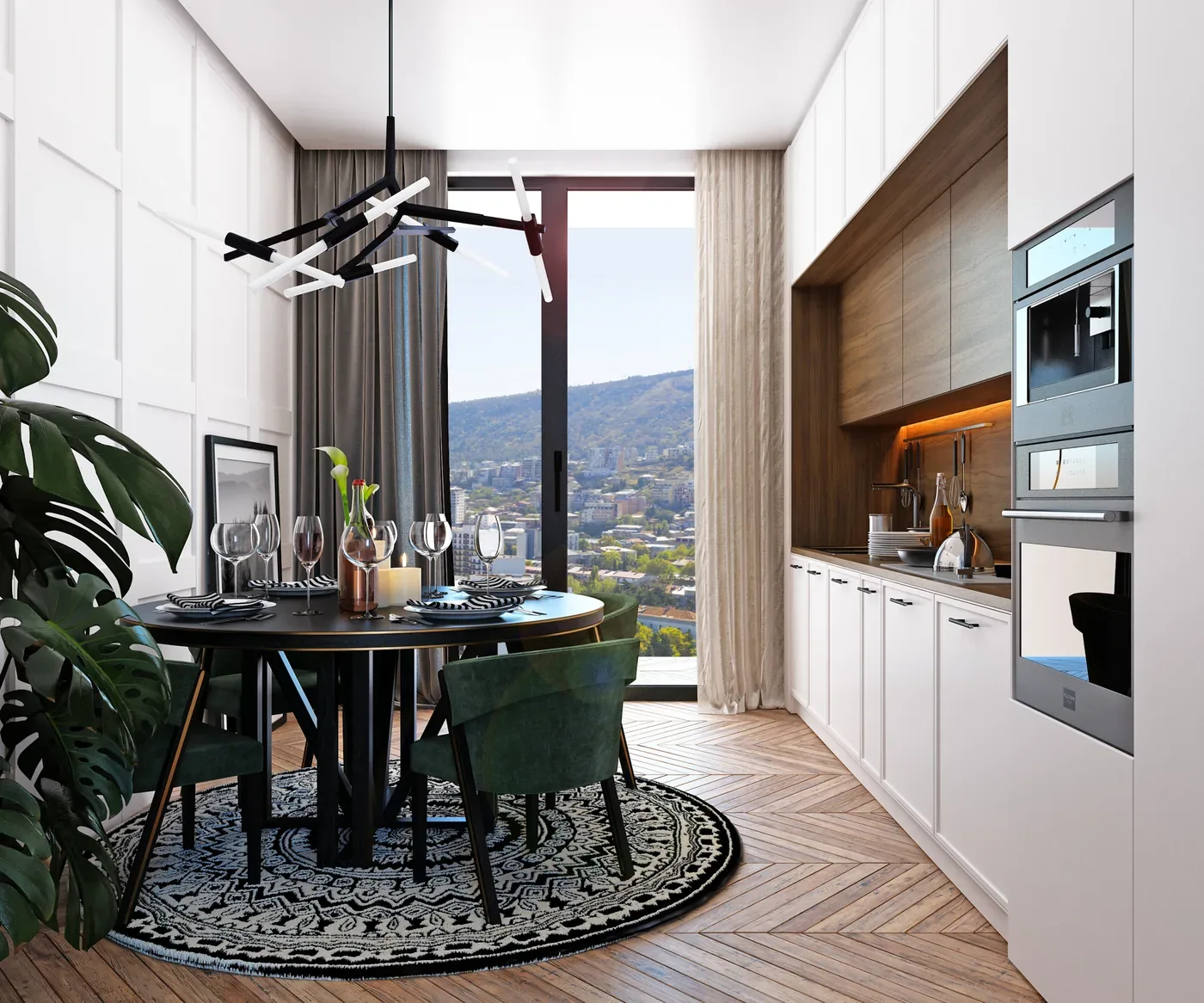 Kitchen-dining area with a city view
